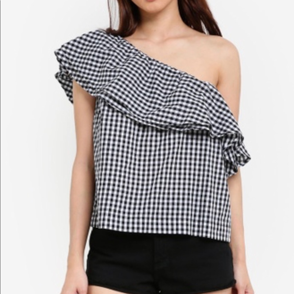 One shoulder gingham blouse